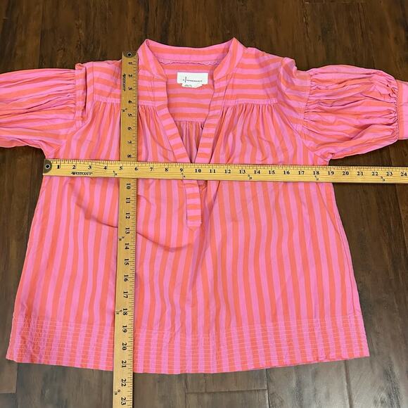 ANTHROPOLOGIE Darcey Top Pink Striped Popover Swing Puff Sleeve Blouse - Picture 9 of 9